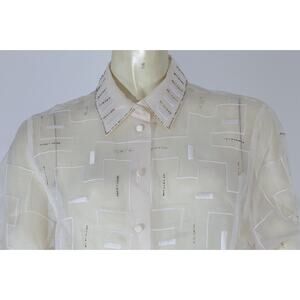 Vintage White Sheer Button Down Blouse Long Sleeve Front Chiffon Mesh Top 8